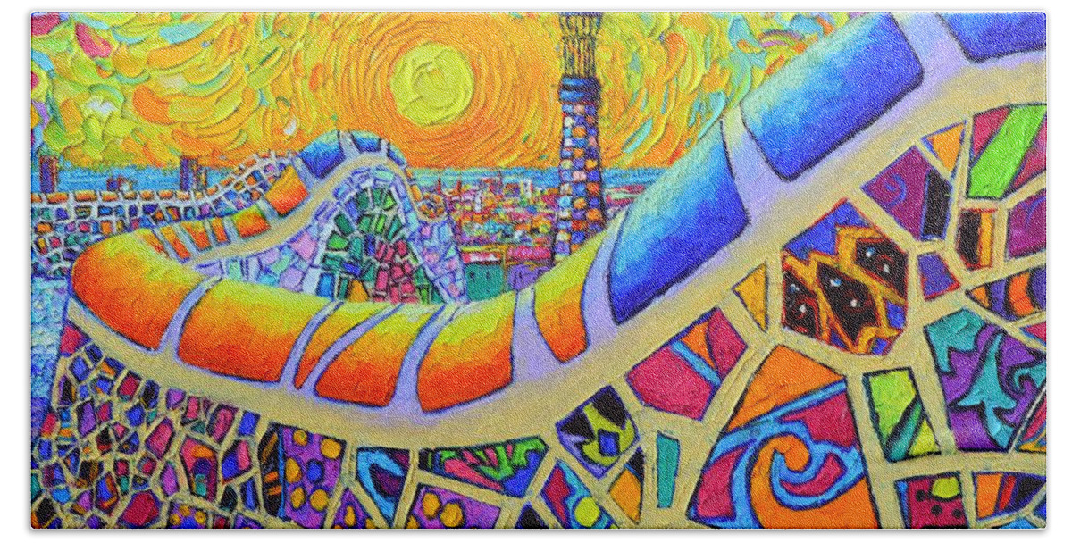 Barcelona Beach Towel featuring the painting BARCELONA SUNRISE PARK GUELL textural impressionist impasto knife oil painting by Ana Maria Edulescu by Ana Maria Edulescu