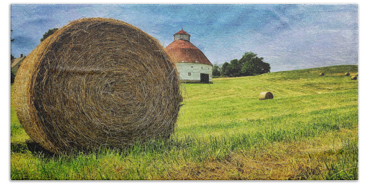 Round Barn Beach Towel featuring the photograph Barn and Bales All Around by Andrea Platt