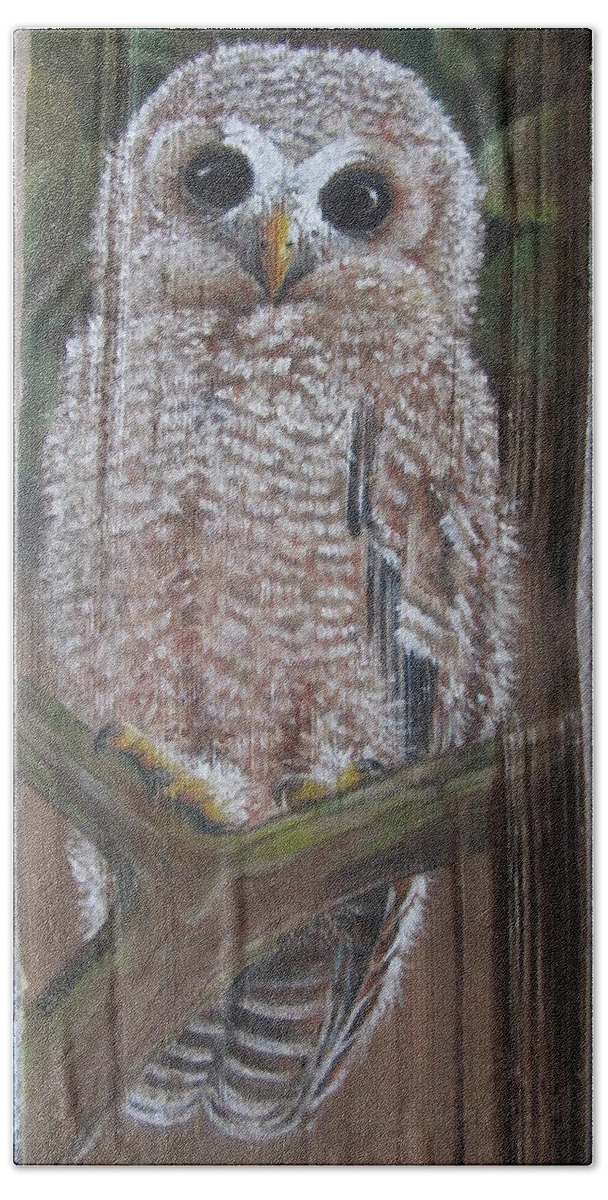 Wood Beach Towel featuring the mixed media Barred Owl by Barbara Prestridge