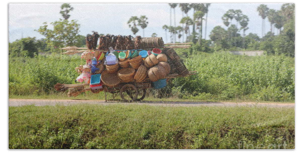 Cambodia Beach Towel featuring the photograph Basket Street Vendor Cambodia by Chuck Kuhn
