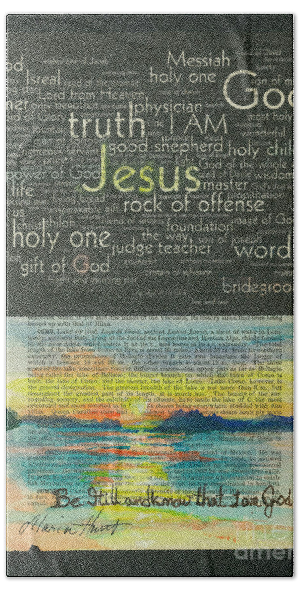 Antique Pages Beach Towel featuring the painting Be Still And Know I am God by Maria Hunt