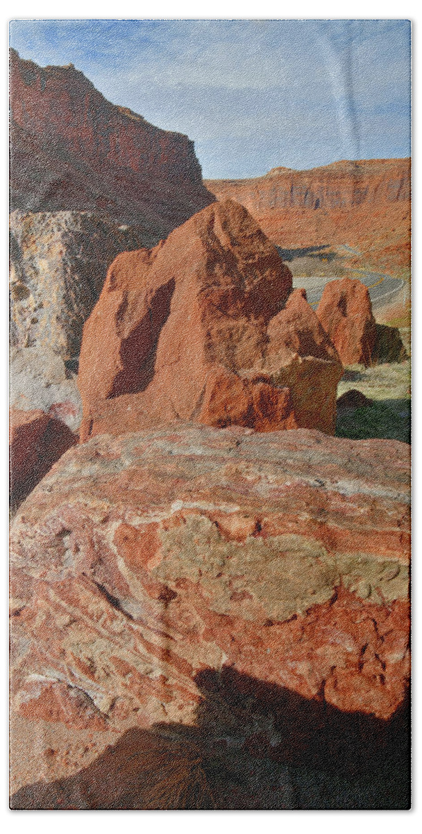 Moab Beach Towel featuring the photograph Beautiful Boulders Roadside on Highway 128 in Urah by Ray Mathis