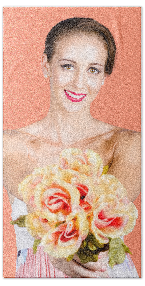 Florist Beach Towel featuring the photograph Beautiful woman holding florist flowers by Jorgo Photography