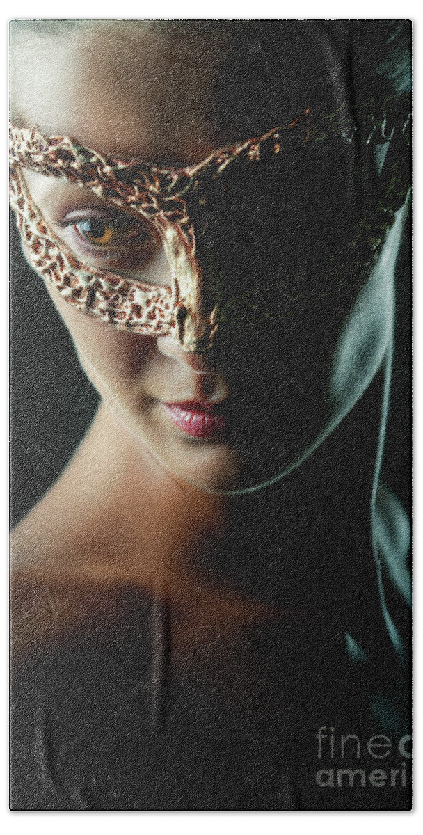 Art Beach Towel featuring the photograph Beauty model woman wearing masquerade carnival mask by Dimitar Hristov