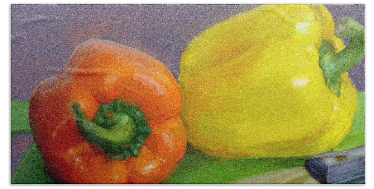 Vegetables. Bell Peppers Beach Towel featuring the mixed media Bell Peppers by Mark Tonelli