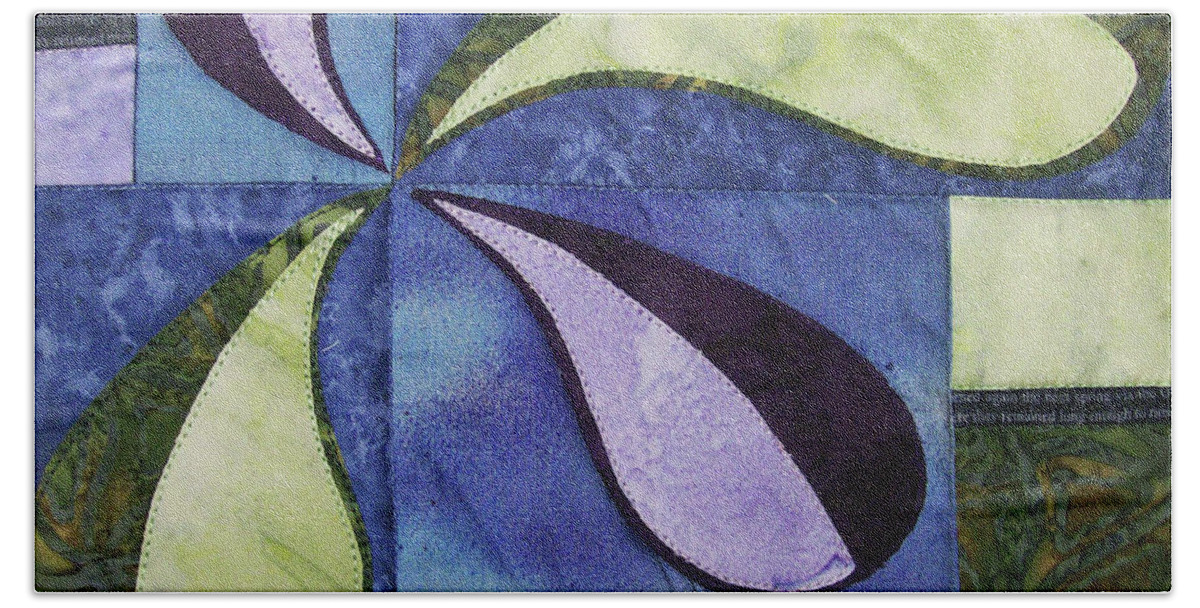 Abstract Blue Green Purple Art Quilt Beach Towel featuring the tapestry - textile Bent Out Of Shape by Pam Geisel