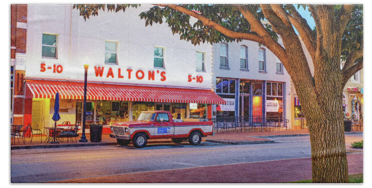 America Beach Towel featuring the photograph Bentonville Arkansas Square And Walton Five and Dime Panorama by Gregory Ballos