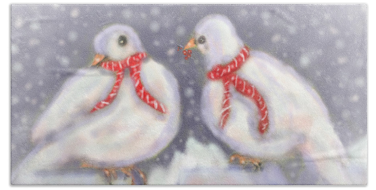 White Doves Beach Towel featuring the painting Berries For Christmas by Angela Davies