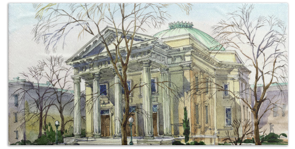 Beth Ahabah; Synagogue; Sunny; Spring; Architecture; Building; Celebrating Jewish Holiday; Jewish; Watercolor; Painting; Maria Rabinky; Rabinky; Rabinsky Beach Towel featuring the painting Beth Ahahah by Maria Rabinky