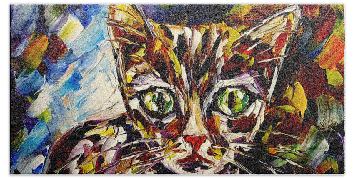 Cat Portrait Beach Towel featuring the painting Big-Eyed Kitten by Mirek Kuzniar