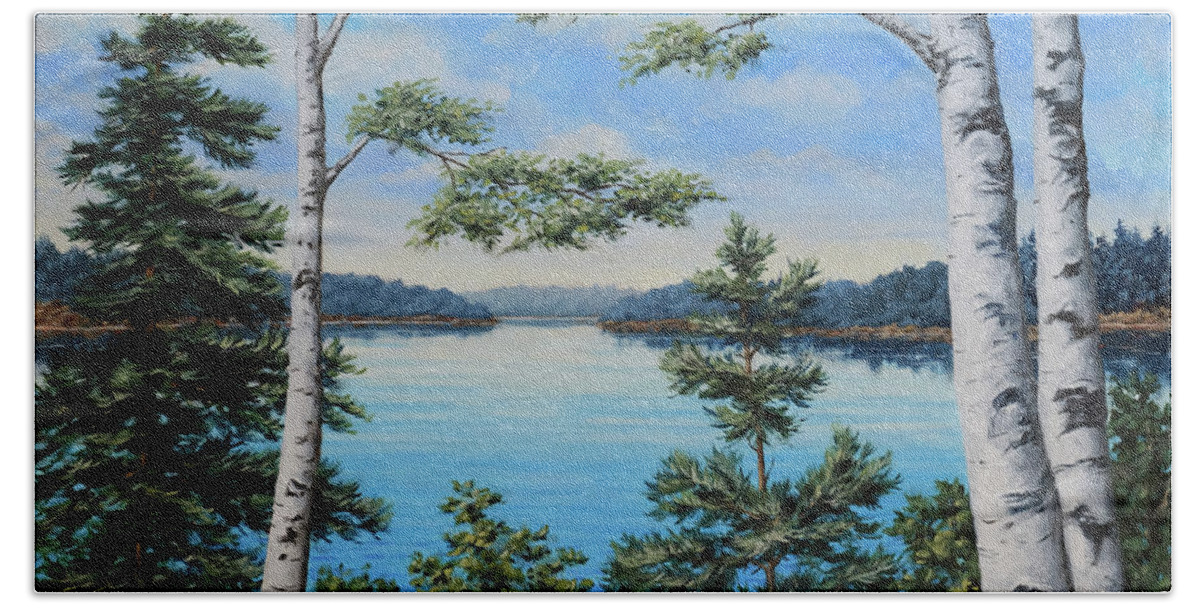 Birch Beach Towel featuring the painting Birch Lake by Richard De Wolfe