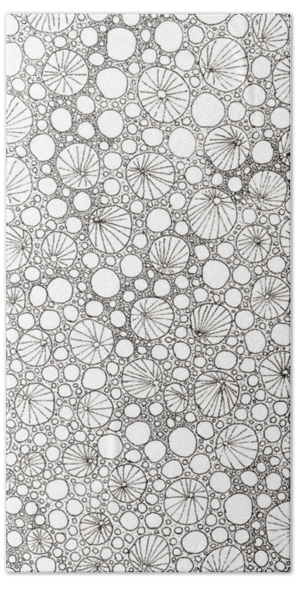 Ink Beach Towel featuring the drawing Black and white graphic bubbles. by Elena Gabbasova