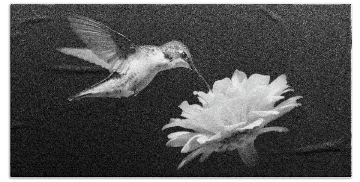 Hummingbird Beach Towel featuring the photograph Black and White Hummingbird and Flower by Christina Rollo