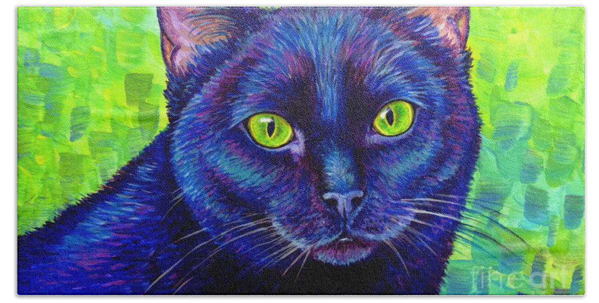 Cat Beach Towel featuring the painting Black Cat with Chartreuse Eyes by Rebecca Wang