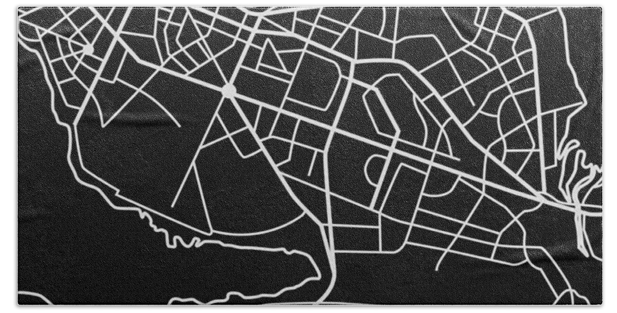 Unique Collection Of City Street Maps. American Cities Beach Towel featuring the digital art Black Map of Reykjavik by Naxart Studio