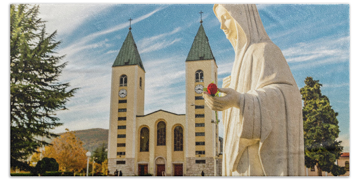 Apparition Beach Towel featuring the photograph Blessed Virgin Mary with red rose by Vivida Photo PC