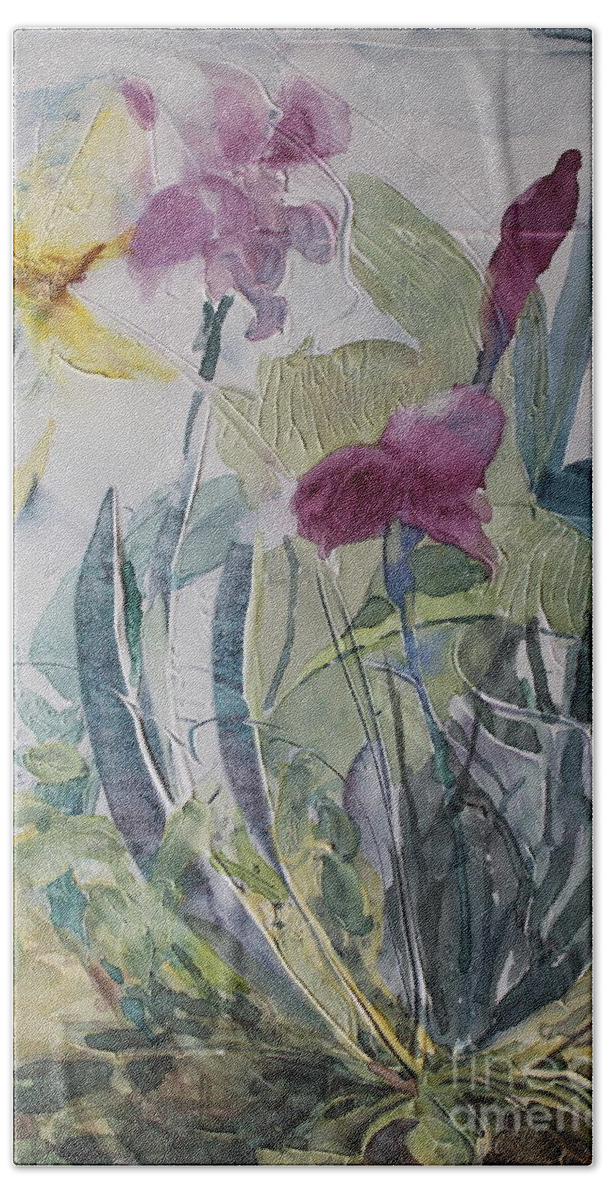 Iris Beach Towel featuring the painting Blooming Iris by Elizabeth Carr