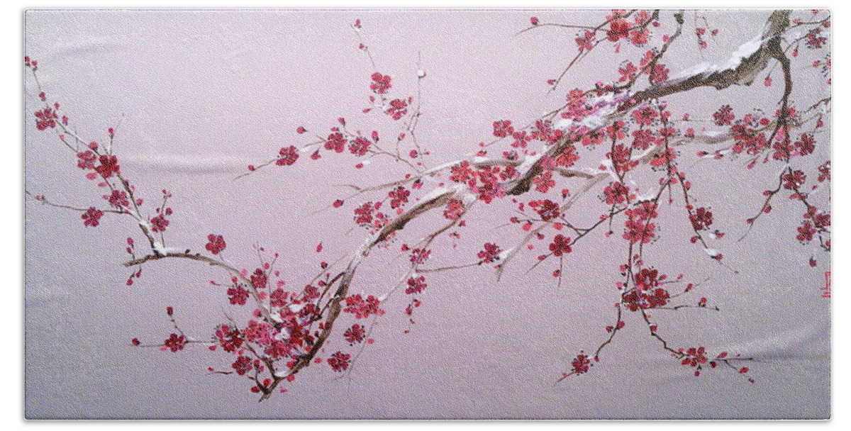 Russian Artists New Wave Beach Towel featuring the painting Blooming Sakura Branch with Snow by Alina Oseeva