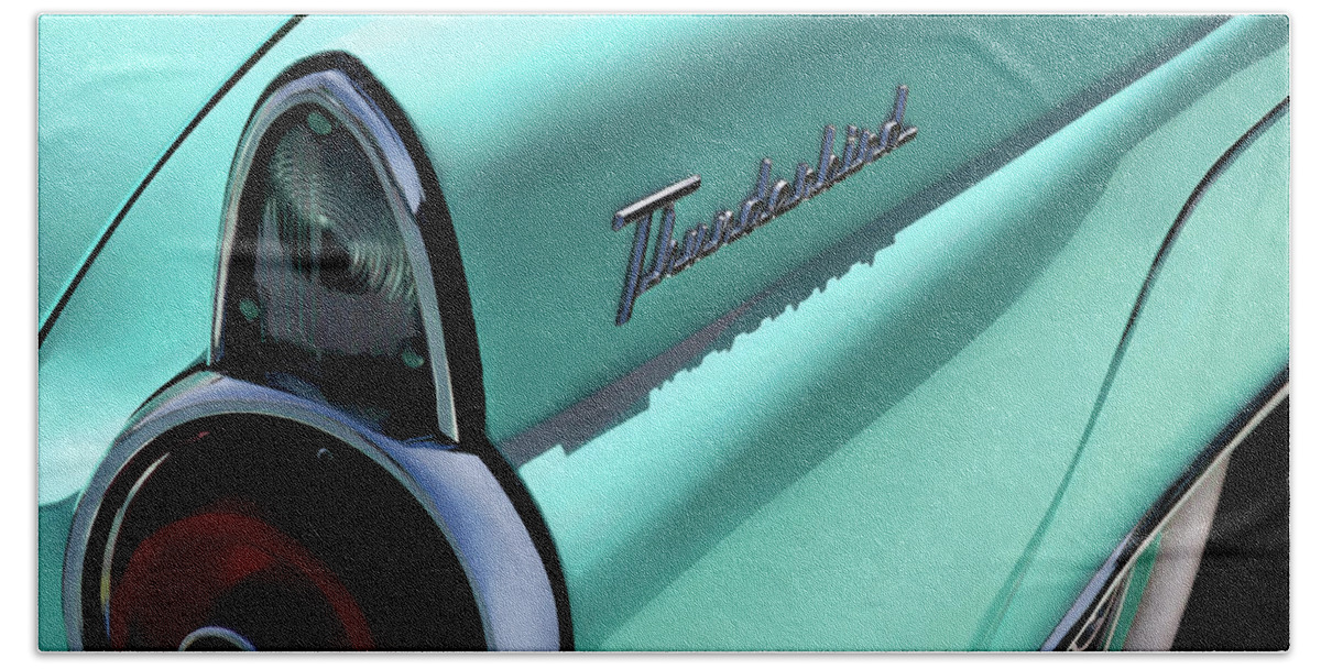 Thunderbird Beach Towel featuring the digital art 1955 T-Bird by Douglas Pittman