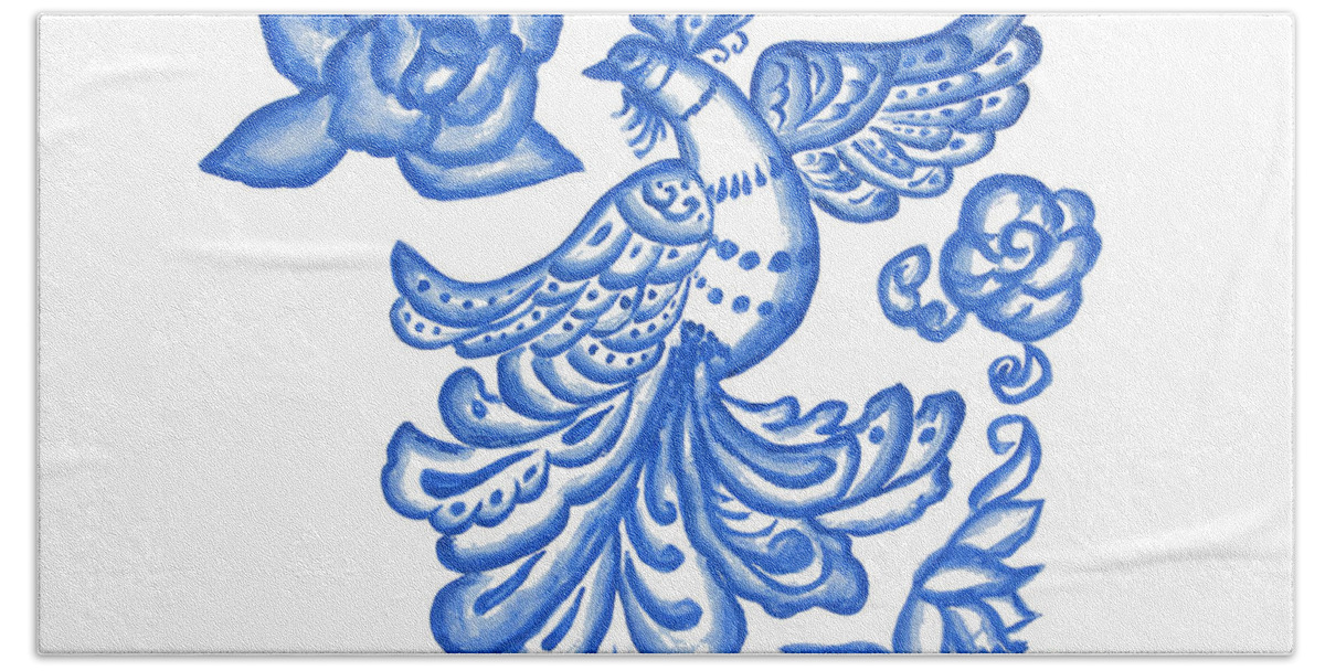 Bird Beach Towel featuring the painting Blue bird on white by Irina Afonskaya