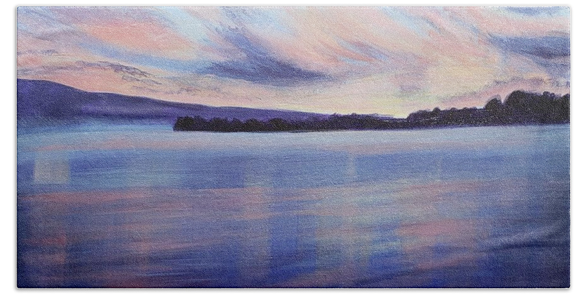 Sunset Beach Towel featuring the painting Blue Fog Over Sunset Lake by Alexis King-Glandon