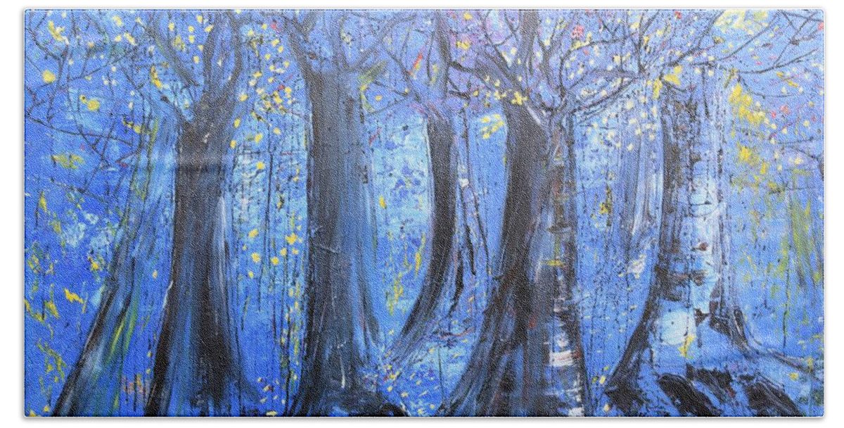 Forest Beach Towel featuring the painting Blue Forest by Evelina Popilian