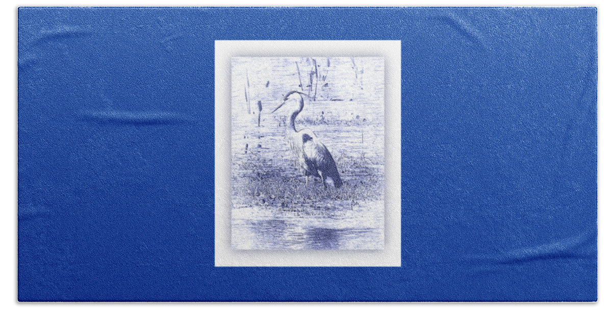Heron Beach Towel featuring the photograph Blue Heron in Blue Digital Art with White Border by Carol Groenen