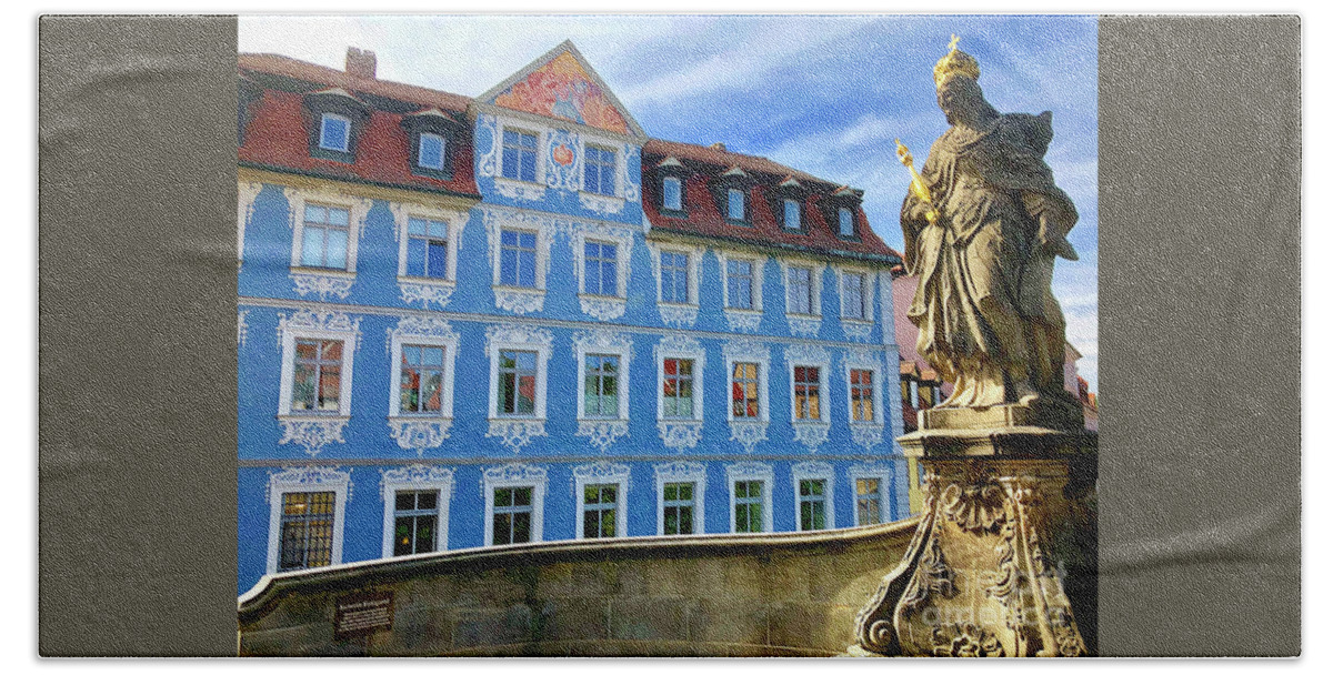 Architecture Beach Towel featuring the photograph Blue House of Old Town Bamberg and Statue of Kunigunde by Gunther Allen