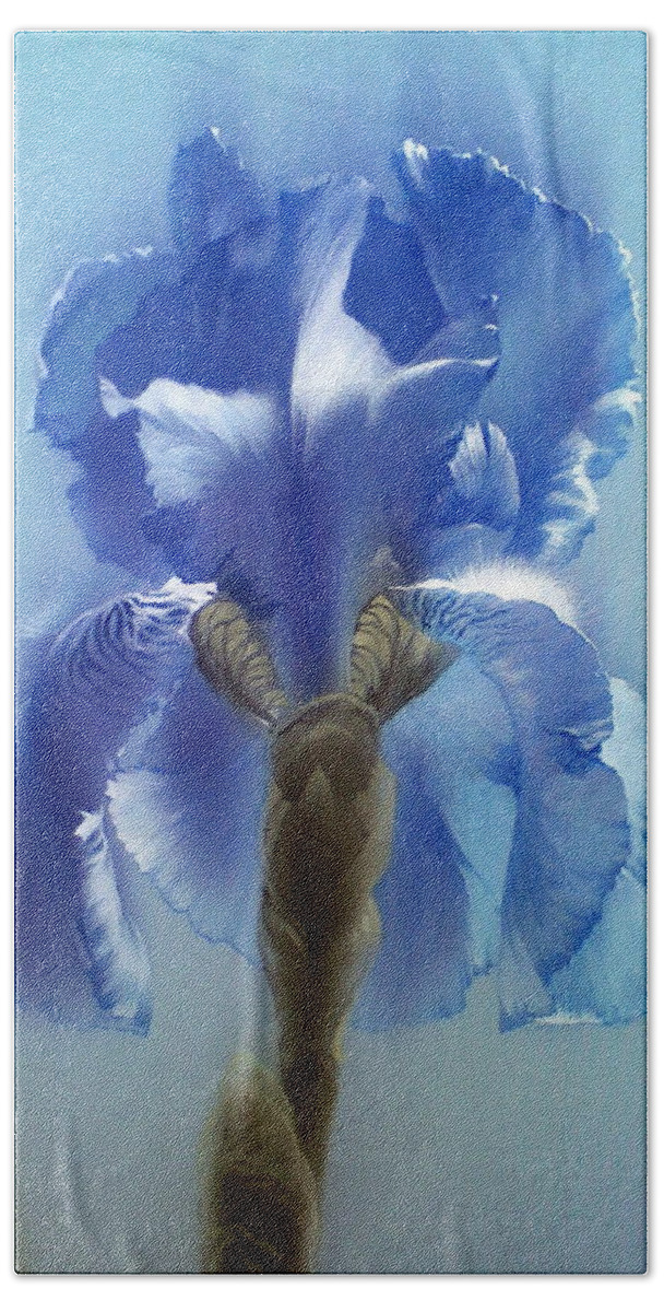 Russian Artists New Wave Beach Towel featuring the painting Blue Iris Flower by Alina Oseeva