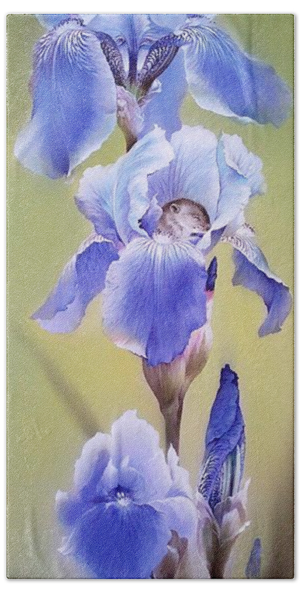 Russian Artists New Wave Beach Towel featuring the painting Blue Irises with Sleeping Baby Mouse by Alina Oseeva