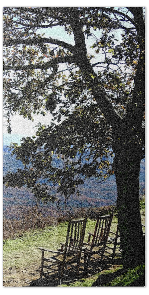 Blue Ridge Mountains Beach Towel featuring the photograph Blue Ridge Chairs With A View by Kathy Chism