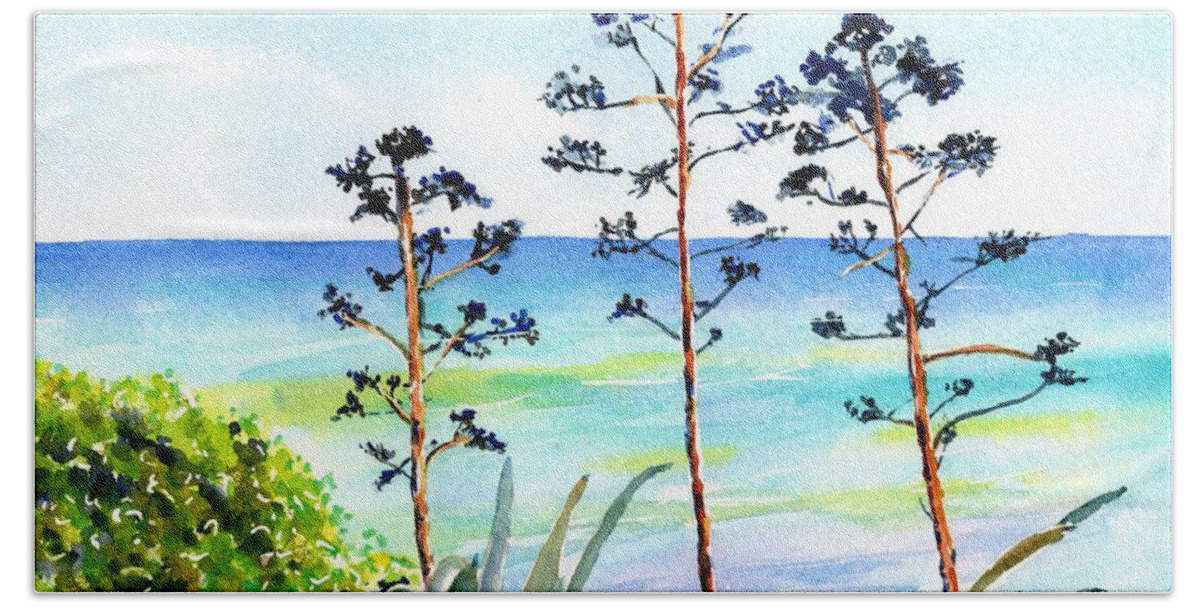 Ocean Beach Towel featuring the painting Blue Sea and Agave by Carlin Blahnik CarlinArtWatercolor