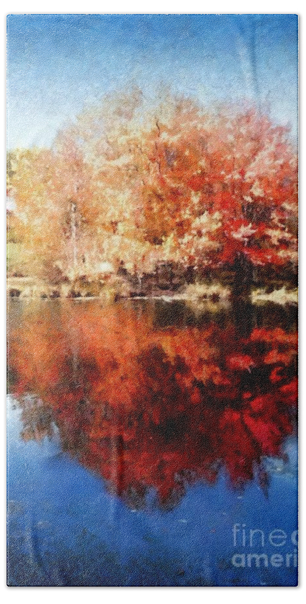Lake Beach Sheet featuring the photograph Autumn Lake reflections Blue Skies by Janine Riley