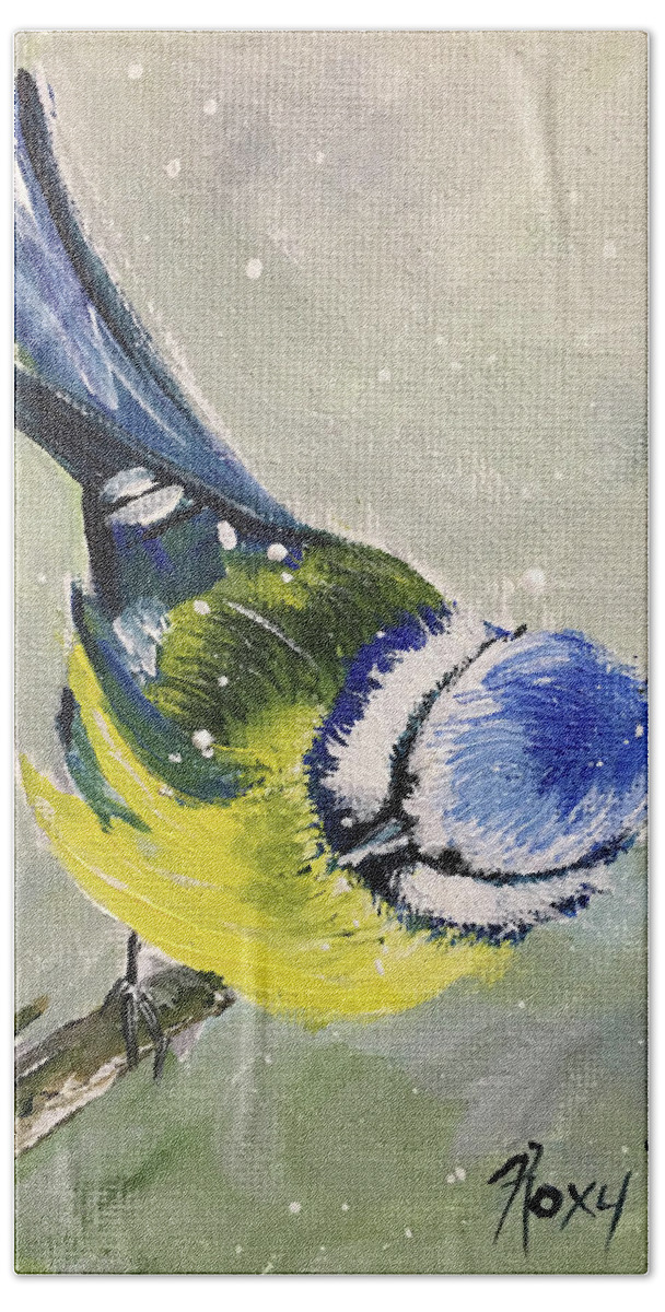 Bird Beach Towel featuring the painting Blue Tit in Snow by Roxy Rich