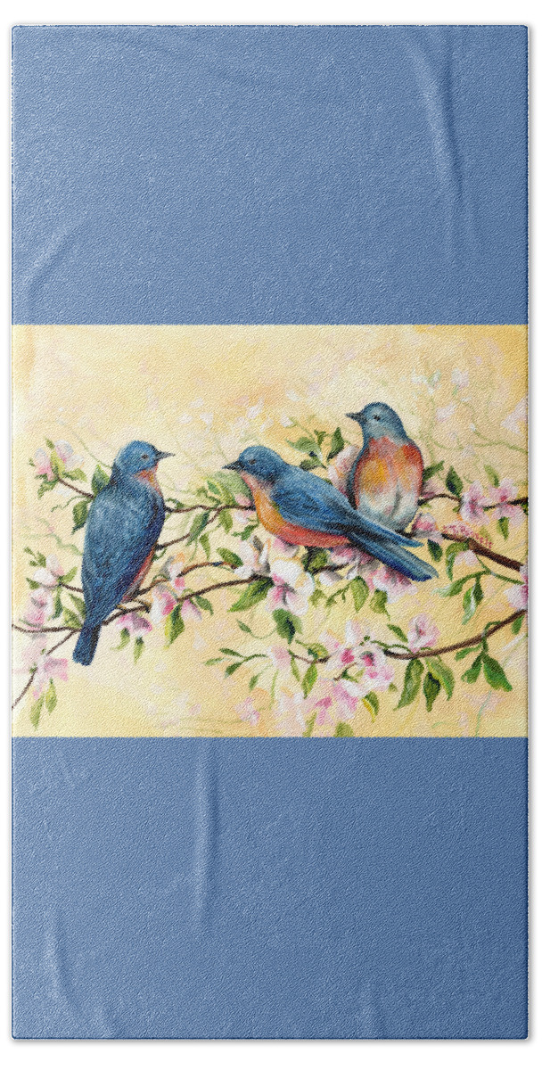 Bluebird Beach Towel featuring the painting Bluebird Blossoms by Sheri Jo Posselt