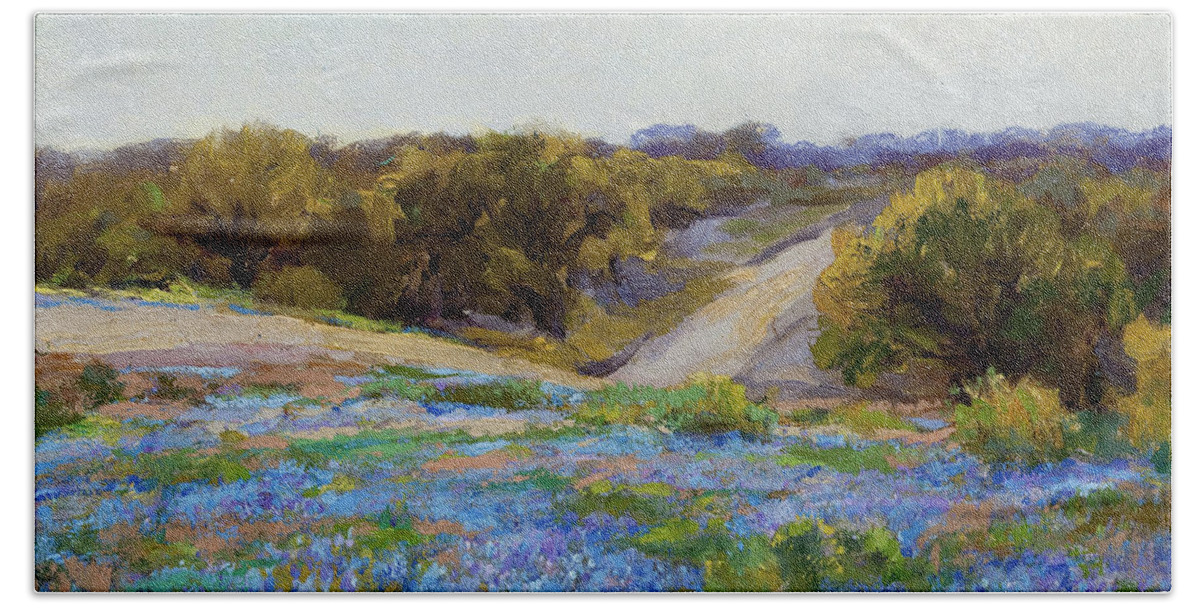 Julian Onderdonk Beach Towel featuring the painting Bluebonnets at Late Afternoon by Julian Onderdonk