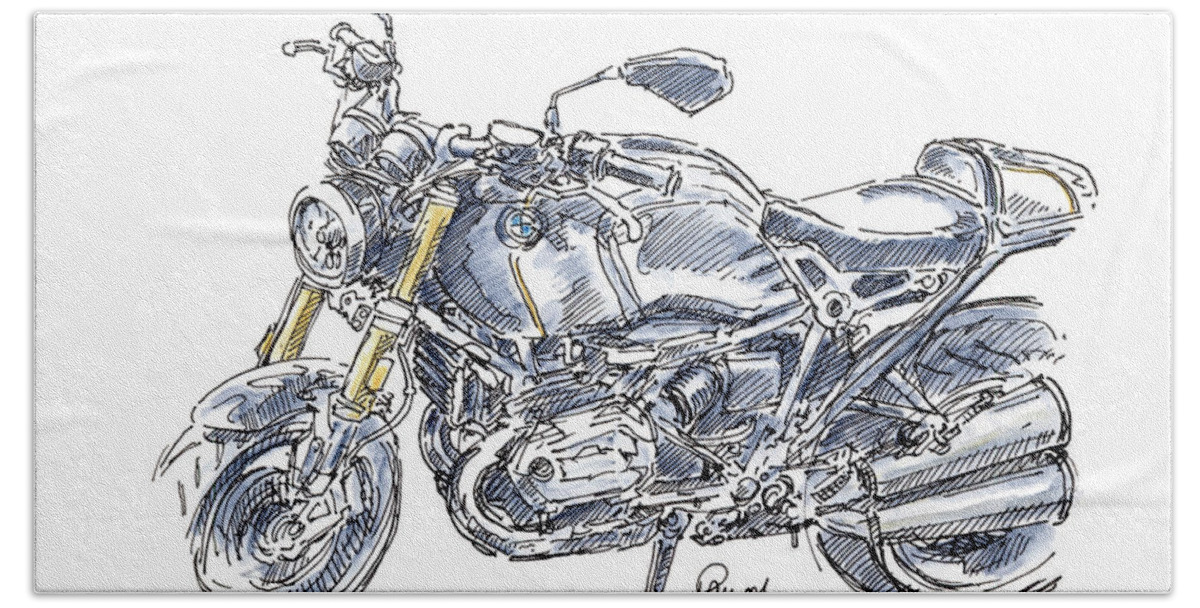Motorbike Beach Towel featuring the drawing BMW R NINE T Motorcycle Ink Drawing and Watercolor by Frank Ramspott