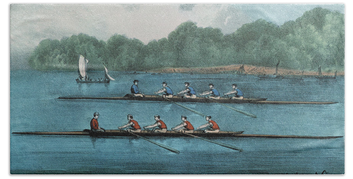 Crew Beach Towel featuring the painting Boat Race by Nathaniel Currier