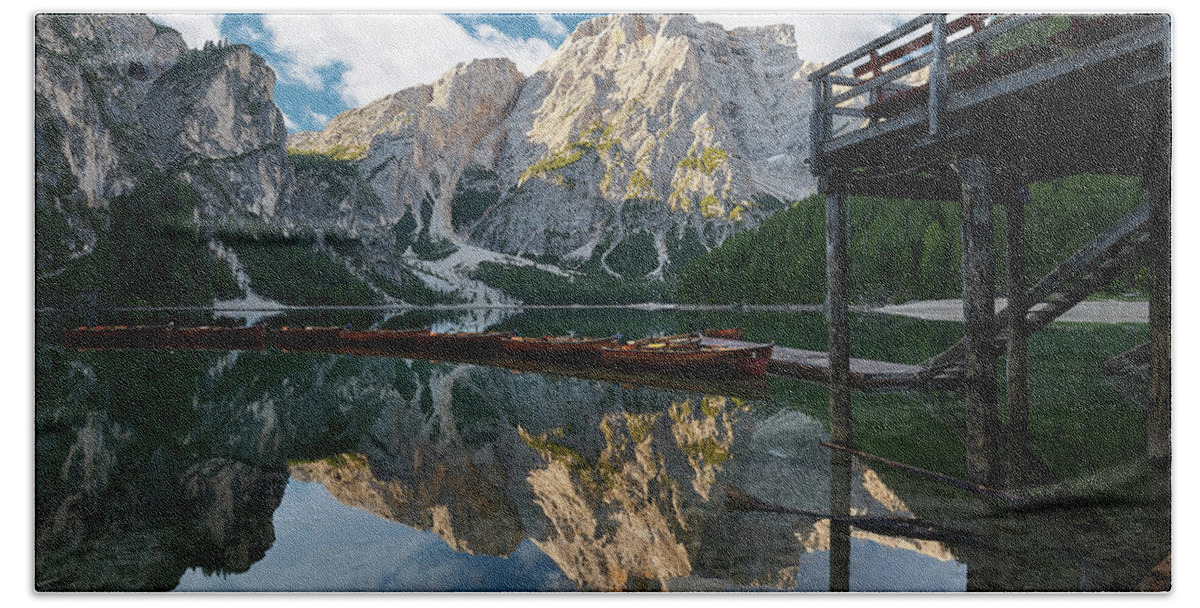 Lago De Braies Beach Towel featuring the photograph Boathouse at Lago Di Braies by Jon Glaser