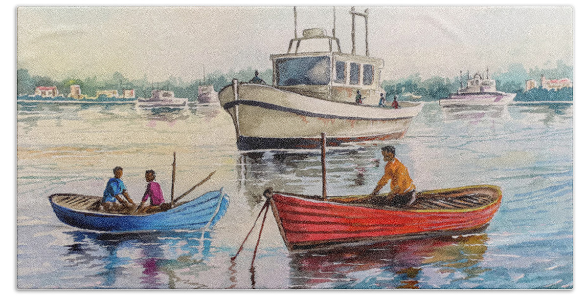 Kenya Art Beach Towel featuring the painting Boats on a Lake by Anthony Mwangi