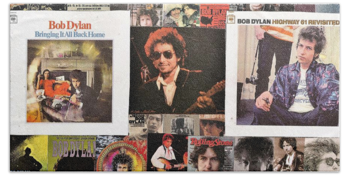 Collage Beach Towel featuring the digital art Bob Dylan Collage 1 by Doug Siegel