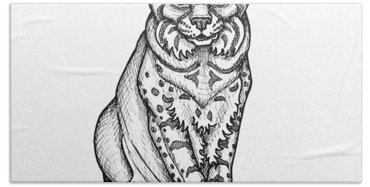 Animal Portrait Beach Towel featuring the drawing Bobcat by Amy E Fraser