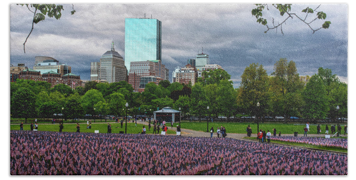 Boston Beach Towel featuring the photograph Boston Common Memorial Day Flags Dramatic Sky Boston MA Tree by Toby McGuire