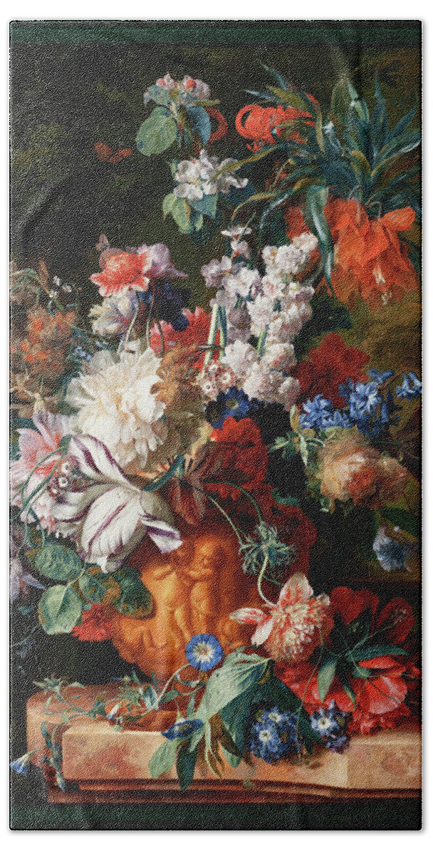 Bouquet Of Flowers In An Urn Beach Towel featuring the painting Bouquet Of Flowers In An Urn by Jan van Huysum by Rolando Burbon