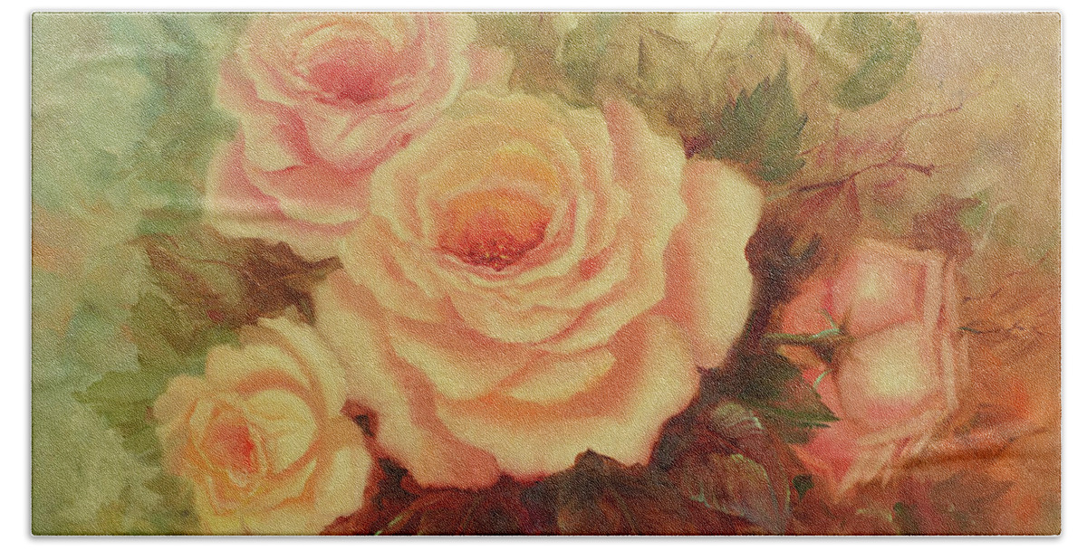 Roses Beach Towel featuring the painting Cluster of Soft Pink Roses. by Lynne Pittard