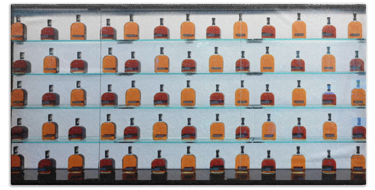Woodford Reserve Beach Towel featuring the photograph Bourbon Bottles by Susan Rissi Tregoning