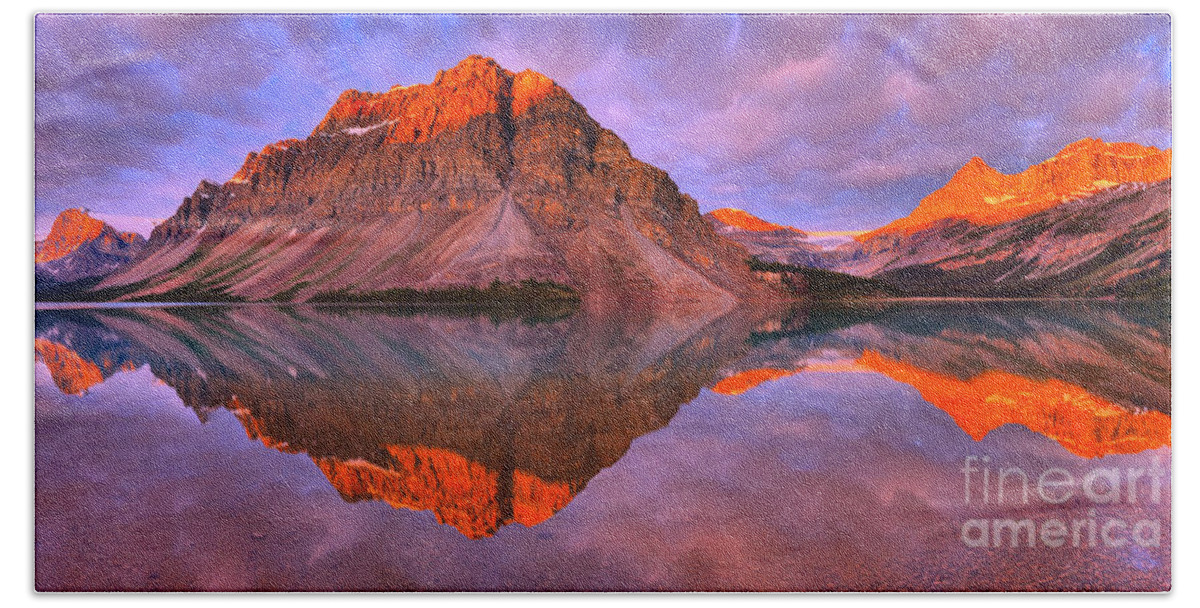 Bow Lake Beach Towel featuring the photograph Bow Lake Summer Sunrise Reflections by Adam Jewell