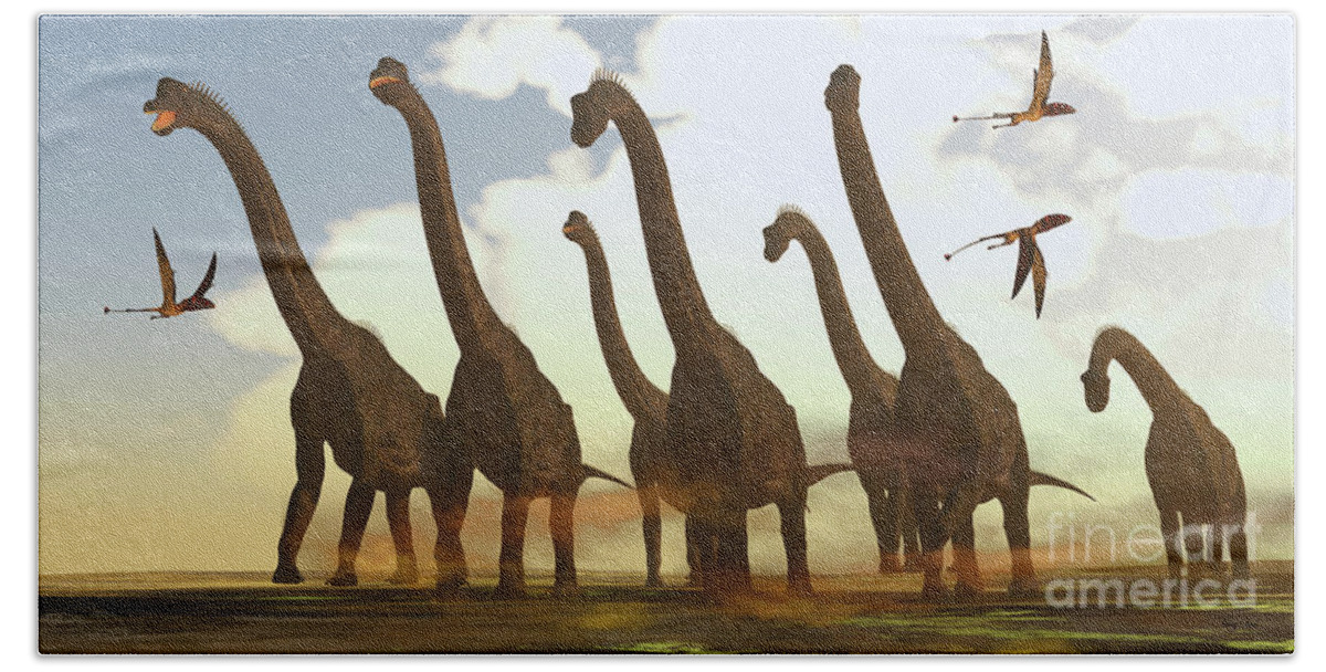 Brachiosaurus Beach Towel featuring the digital art Brachiosaurus Dinosaurs on Trek by Corey Ford