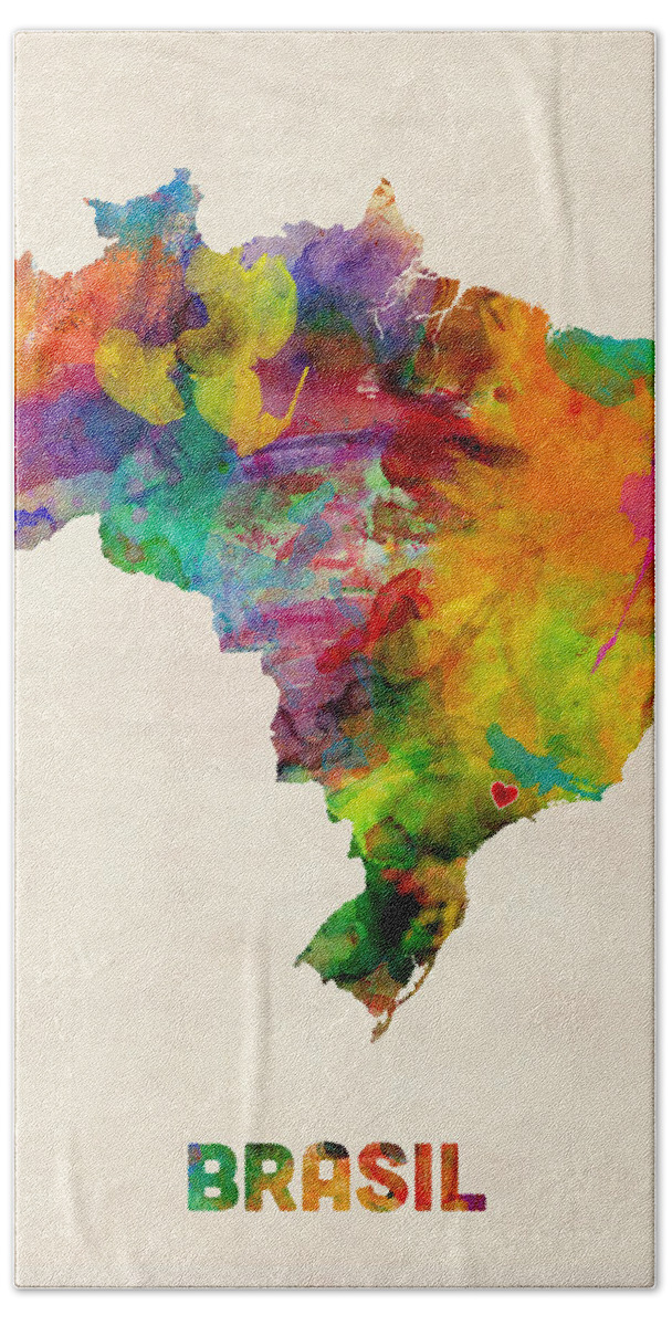 Brazil Beach Sheet featuring the digital art Brazil Watercolor Map Custom Heart by Michael Tompsett
