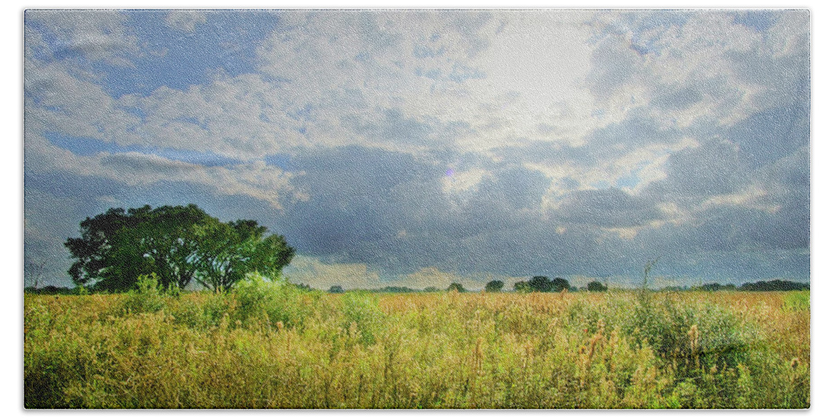 Heavenly Beach Towel featuring the mixed media Brazos Bend State Park Prairie Heavenly Sky by Katrina Lau